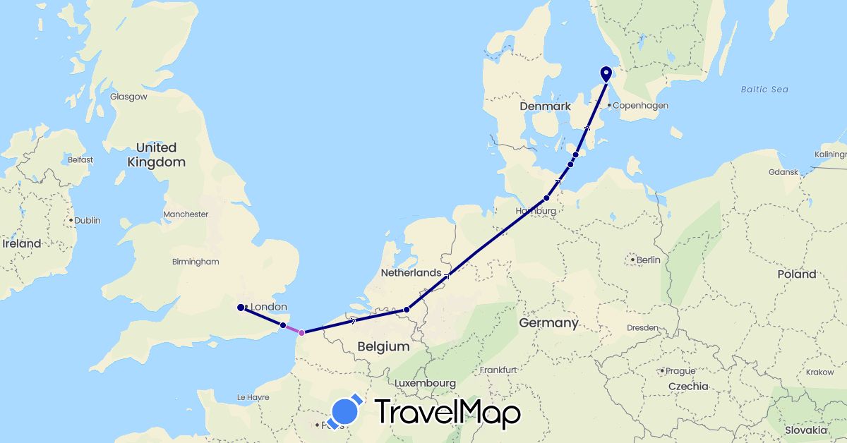 TravelMap itinerary: driving, train in Germany, Denmark, France, United Kingdom, Netherlands (Europe)